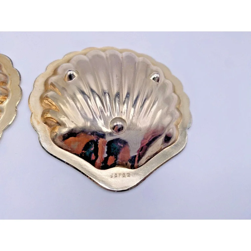 2 Vtg Japan Gold Clam Shell Nut Sauce Trinket Salt Butter Dishes Glass Insert